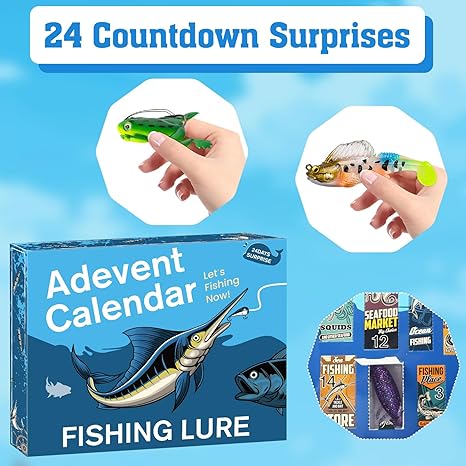 Advent Calendar 2024 Fishing Lure Set – 24 Days of Christmas Countdown with Unique Fish Tackle – Premium Xmas Surprise Fishing Bait Gift for Father, Grandpa, Brother, Boyfriend