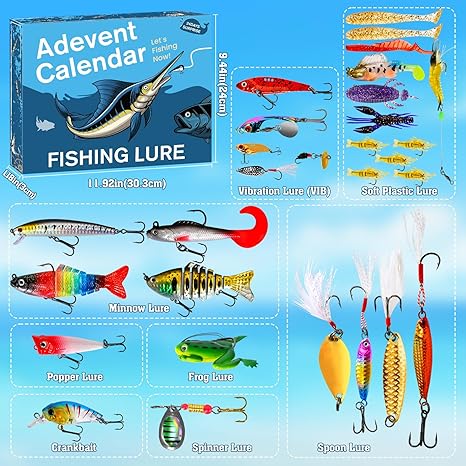 Advent Calendar 2024 Fishing Lure Set – 24 Days of Christmas Countdown with Unique Fish Tackle – Premium Xmas Surprise Fishing Bait Gift for Father, Grandpa, Brother, Boyfriend